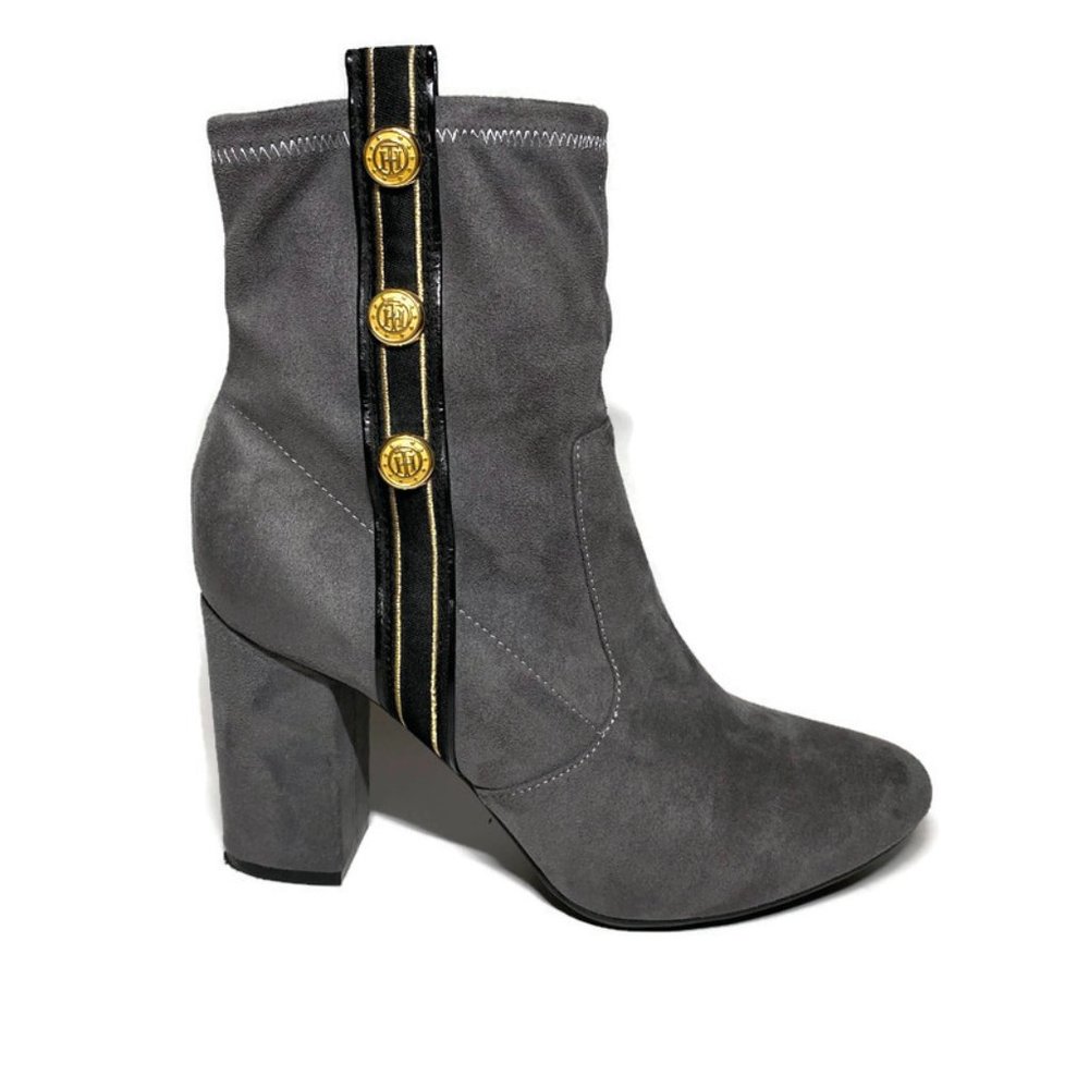 Tommy Hilfiger Gray Suede Ankle Boots with Gold Button Detail